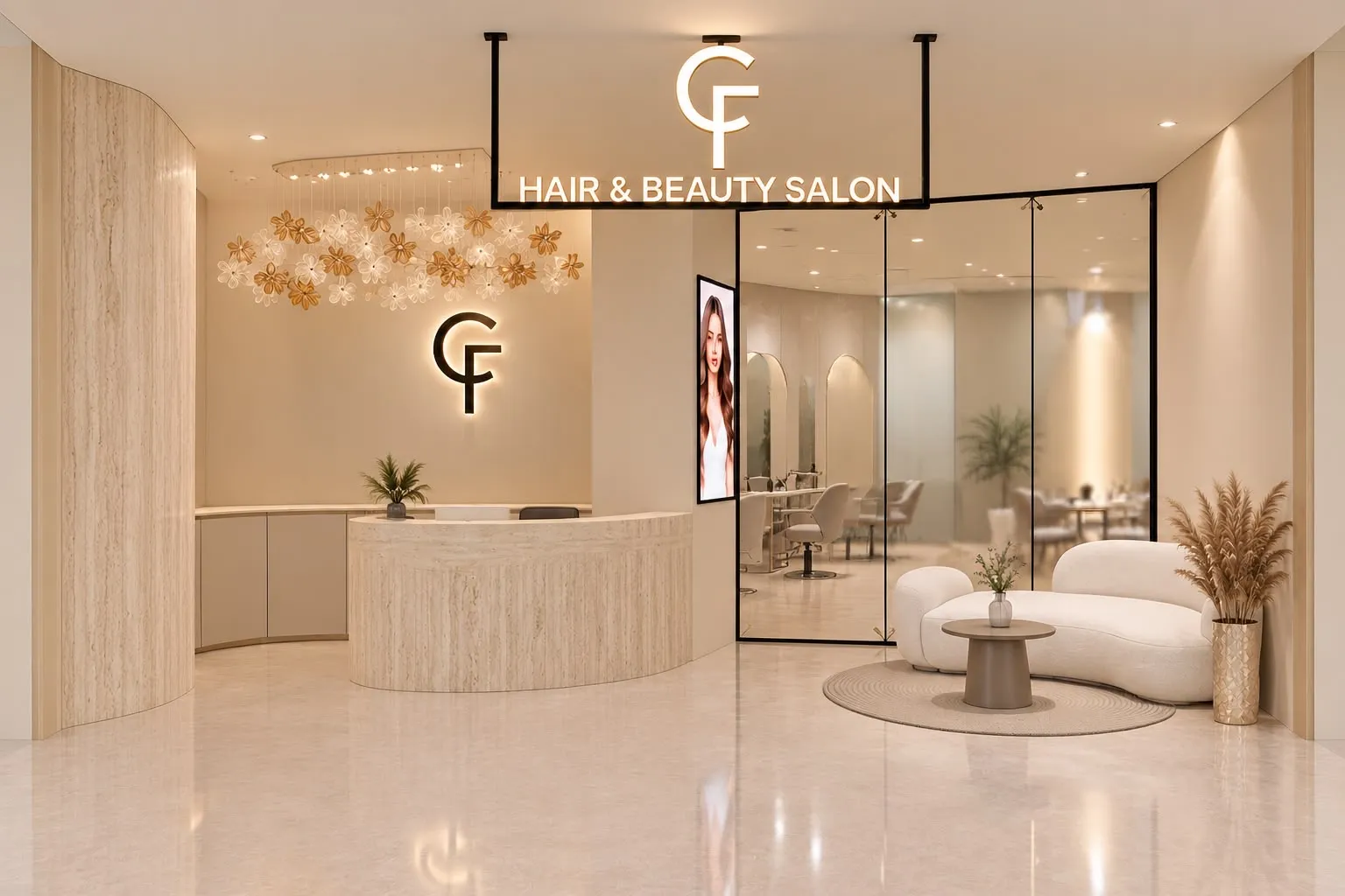 Visualisation of the CF Hair & Beauty salon: a travertine reception desk, a curved ivory sofa and the salon behind a glass wall